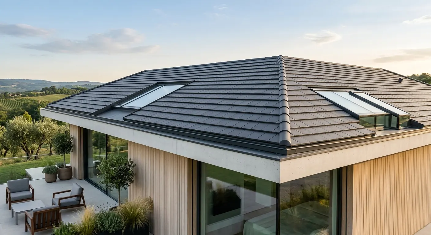 Toiture en tuiles plates sombres avec fenêtres de toit, sur une maison contemporaine